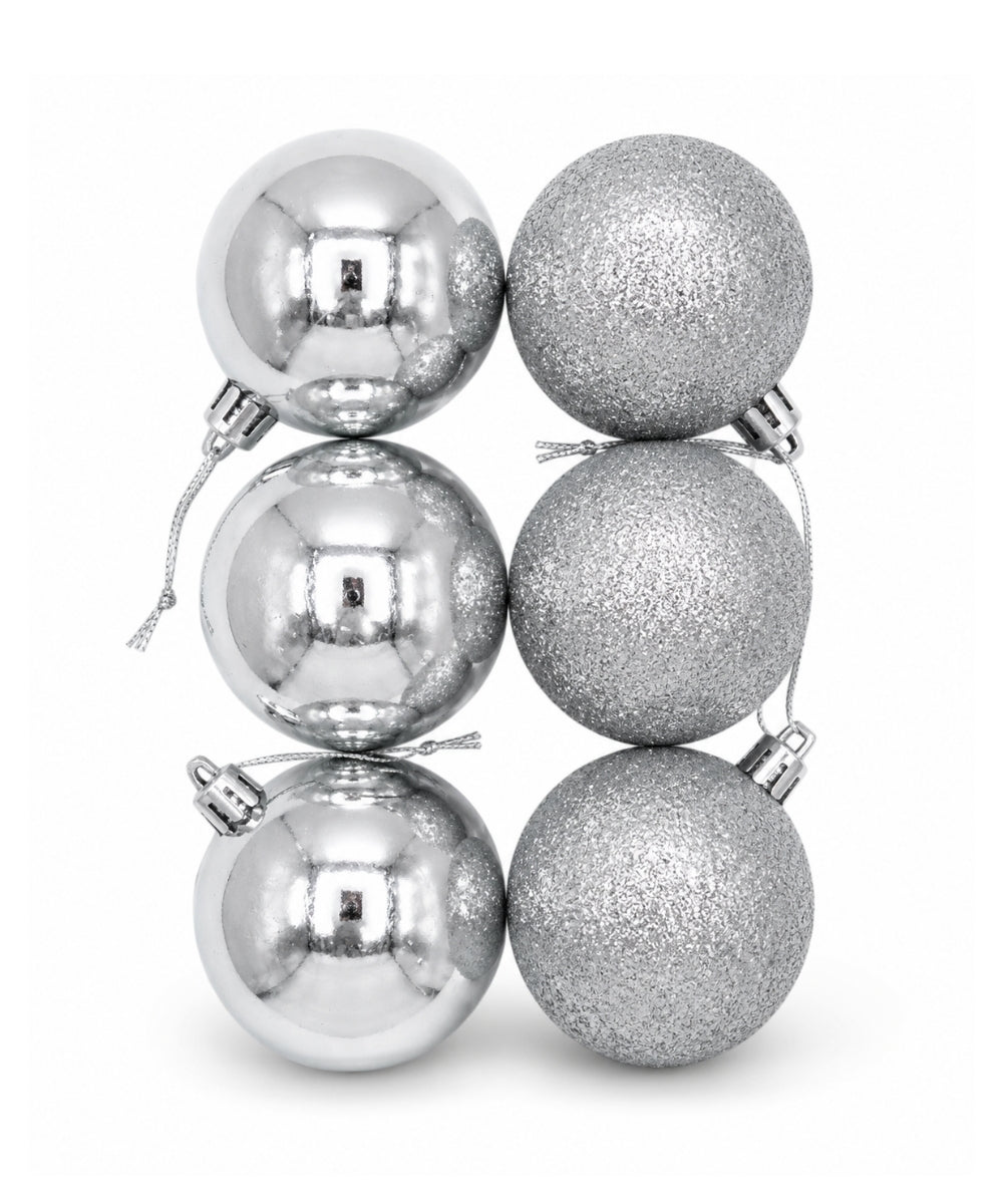 Set x6 Bolas Navideñas 10 cm Plateado Brillante y Escarchado Esferas para Árbol de Navidad