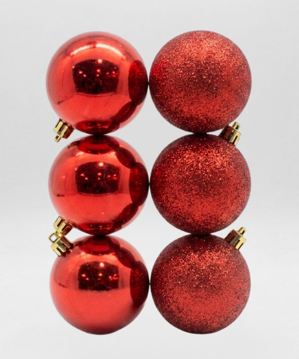 Set x6 Bolas Navideñas 10 cm Rojo Brillante y Escarchado Esferas para Árbol de Navidad