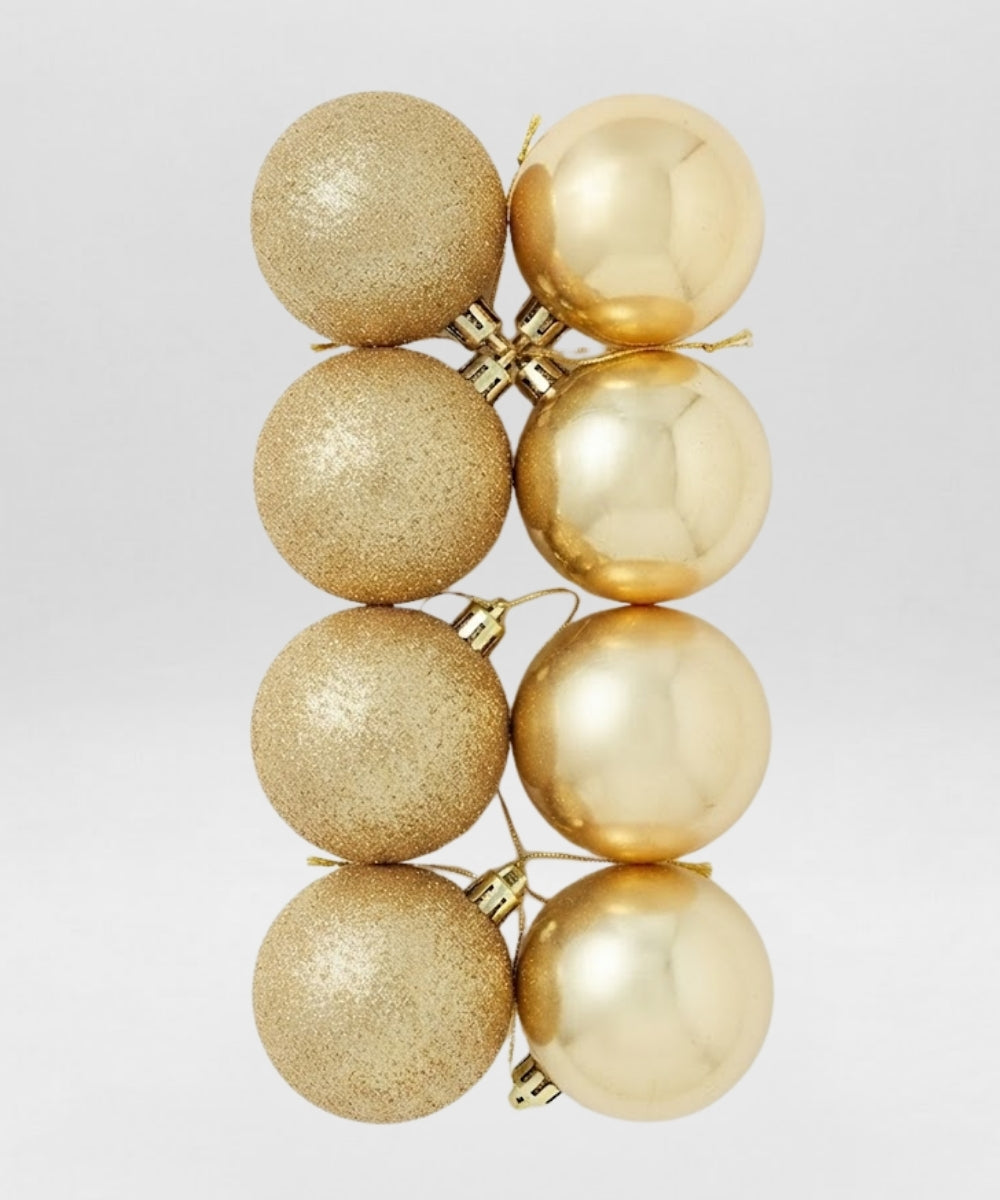 Set x8 Bolas Navideñas 8 cm Dorado Brillante y Escarchado Esferas para Árbol de Navidad