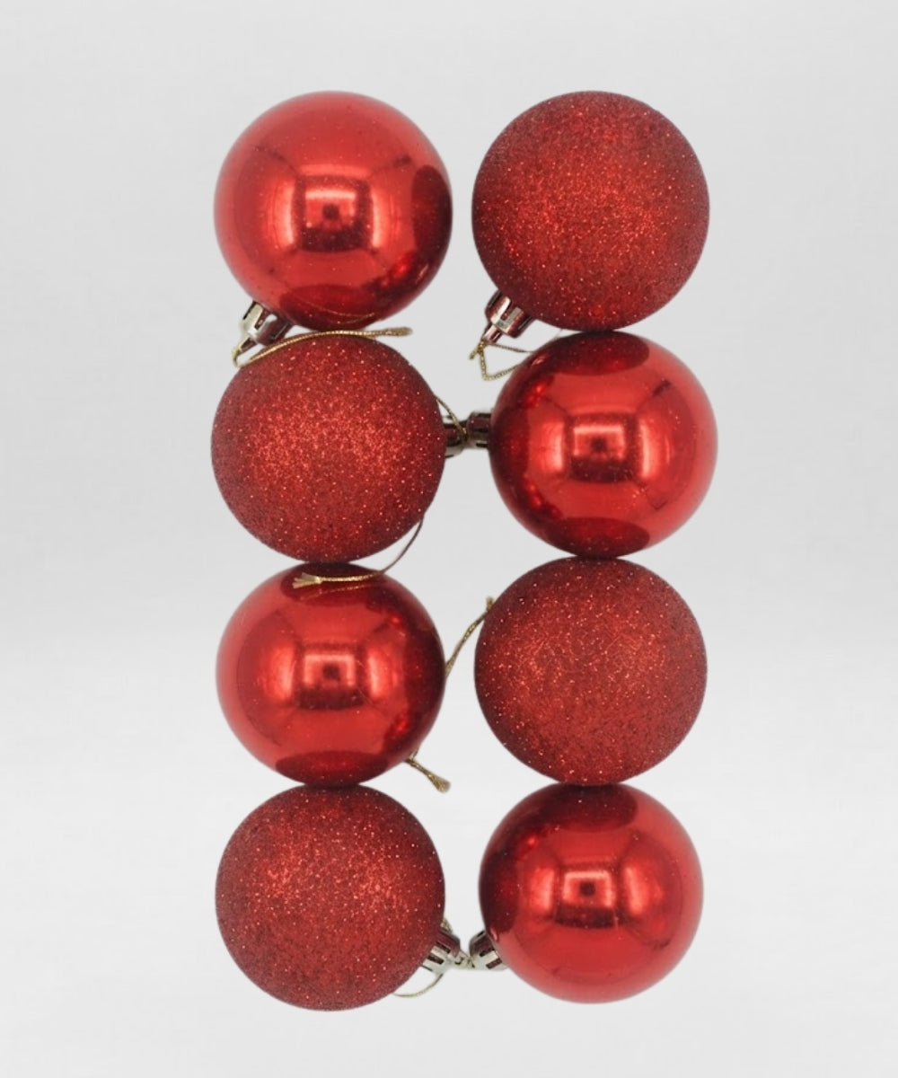 Set x8 Bolas Navideñas 8 cm Rojo Brillante y Escarchado Esferas para Árbol de Navidad