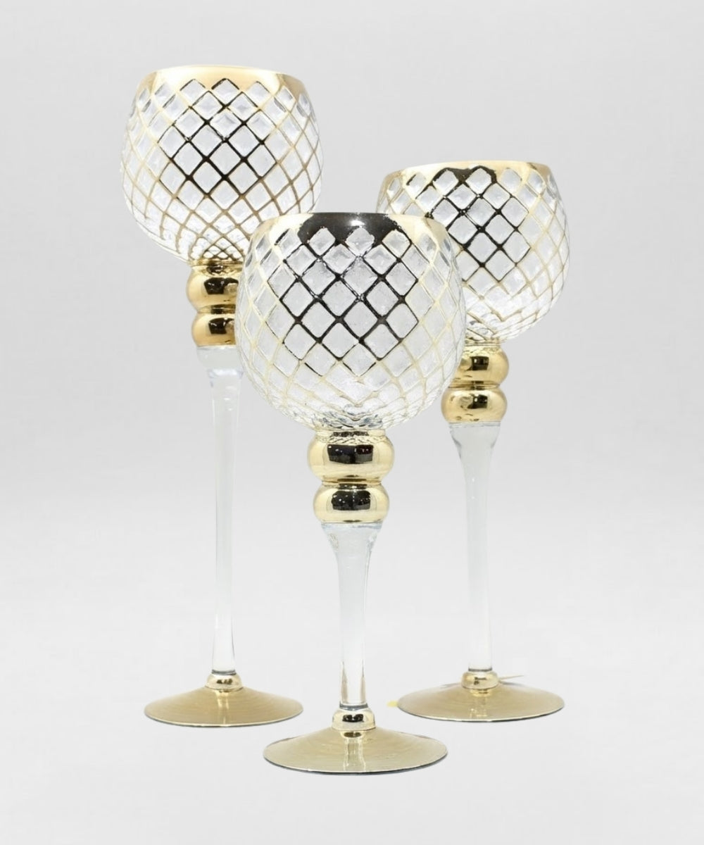 Set x3 Copas Decorativas Rombo Dorado y Transparente para Centro de Mesa