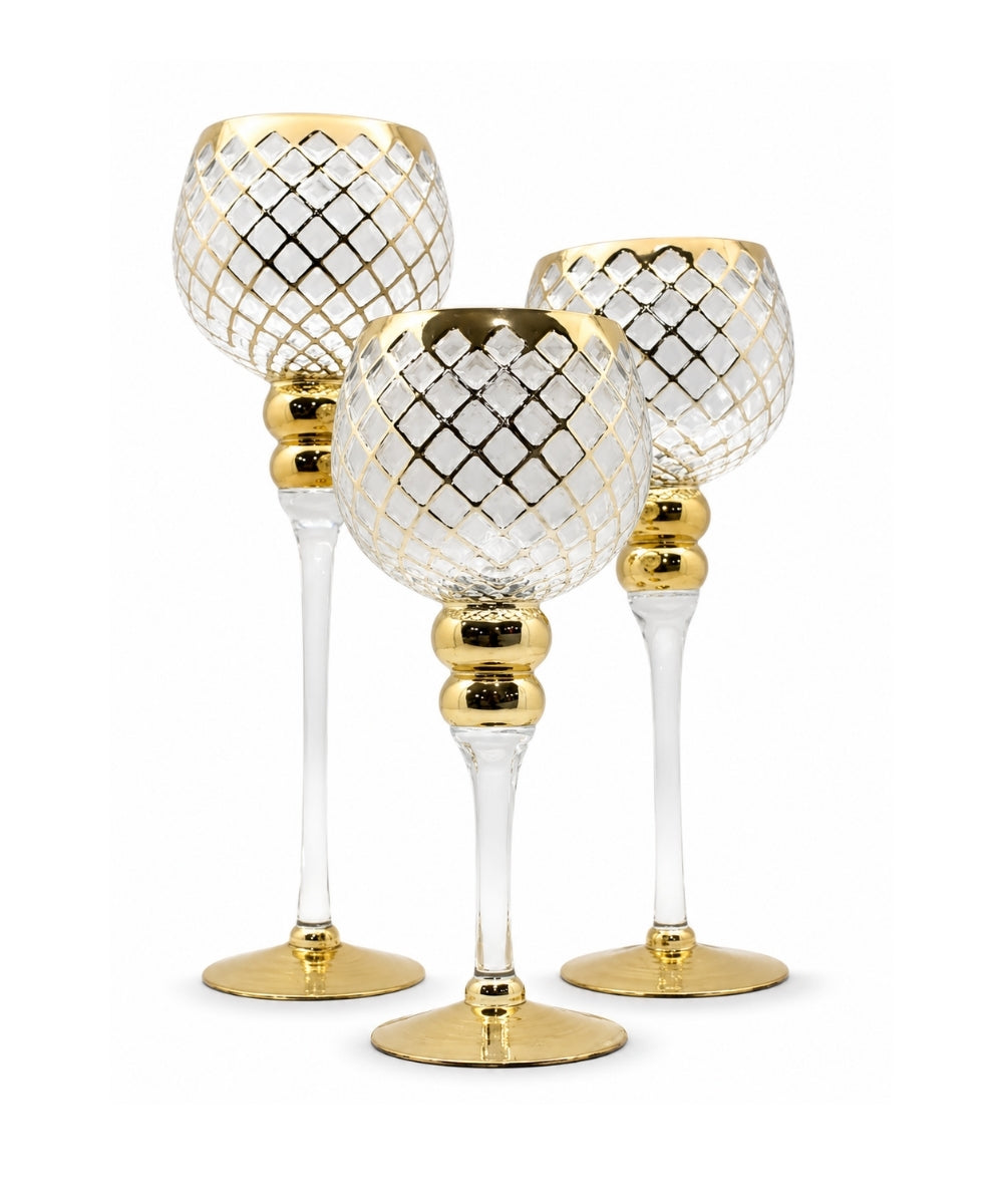 Set x3 Copas Decorativas Rombo Dorado y Transparente para Centro de Mesa