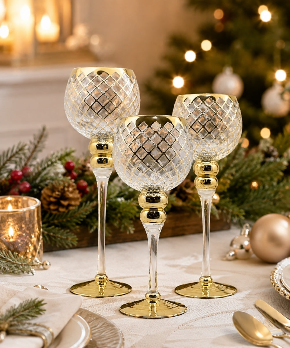 Set x3 Copas Decorativas Rombo Dorado y Transparente para Centro de Mesa