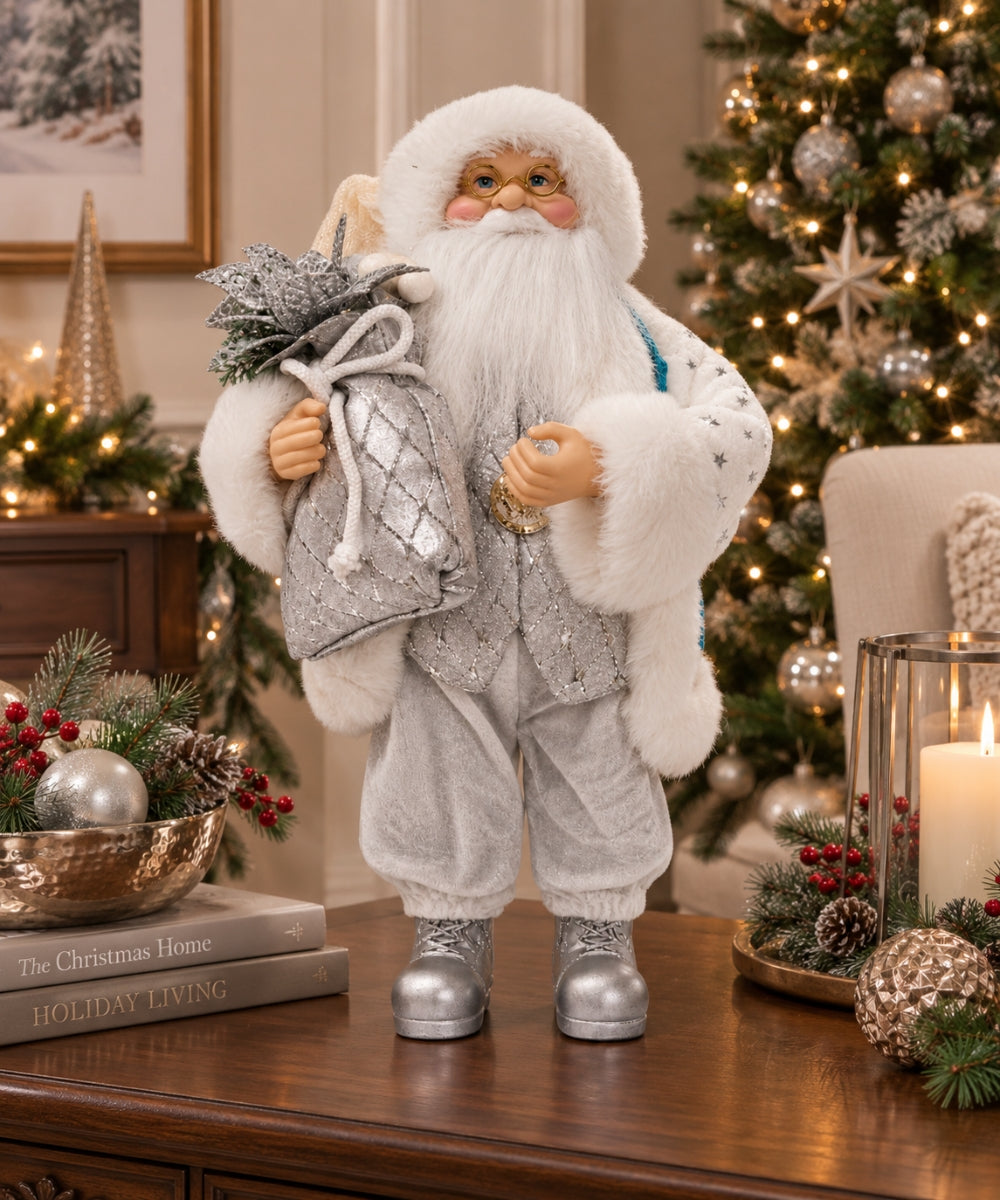 Santa Claus Navideño Blanco y Plateado con Saco 35 x 11 cm