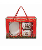 Set x2 Pocillos Navideños Blanco y Rojo con Plato y Cuchara empaque