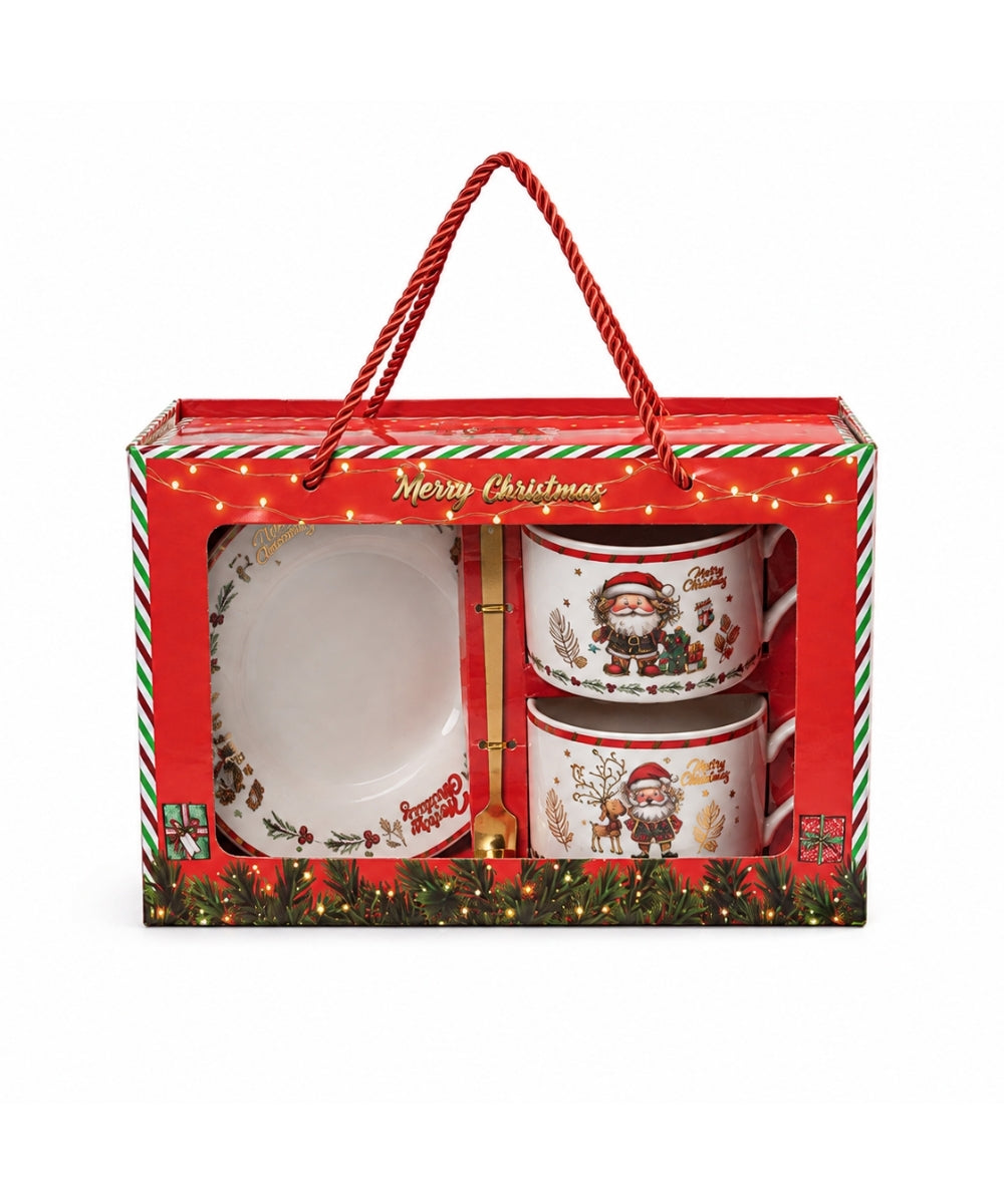 Set x2 Pocillos Navideños Blanco y Rojo con Plato y Cuchara empaque