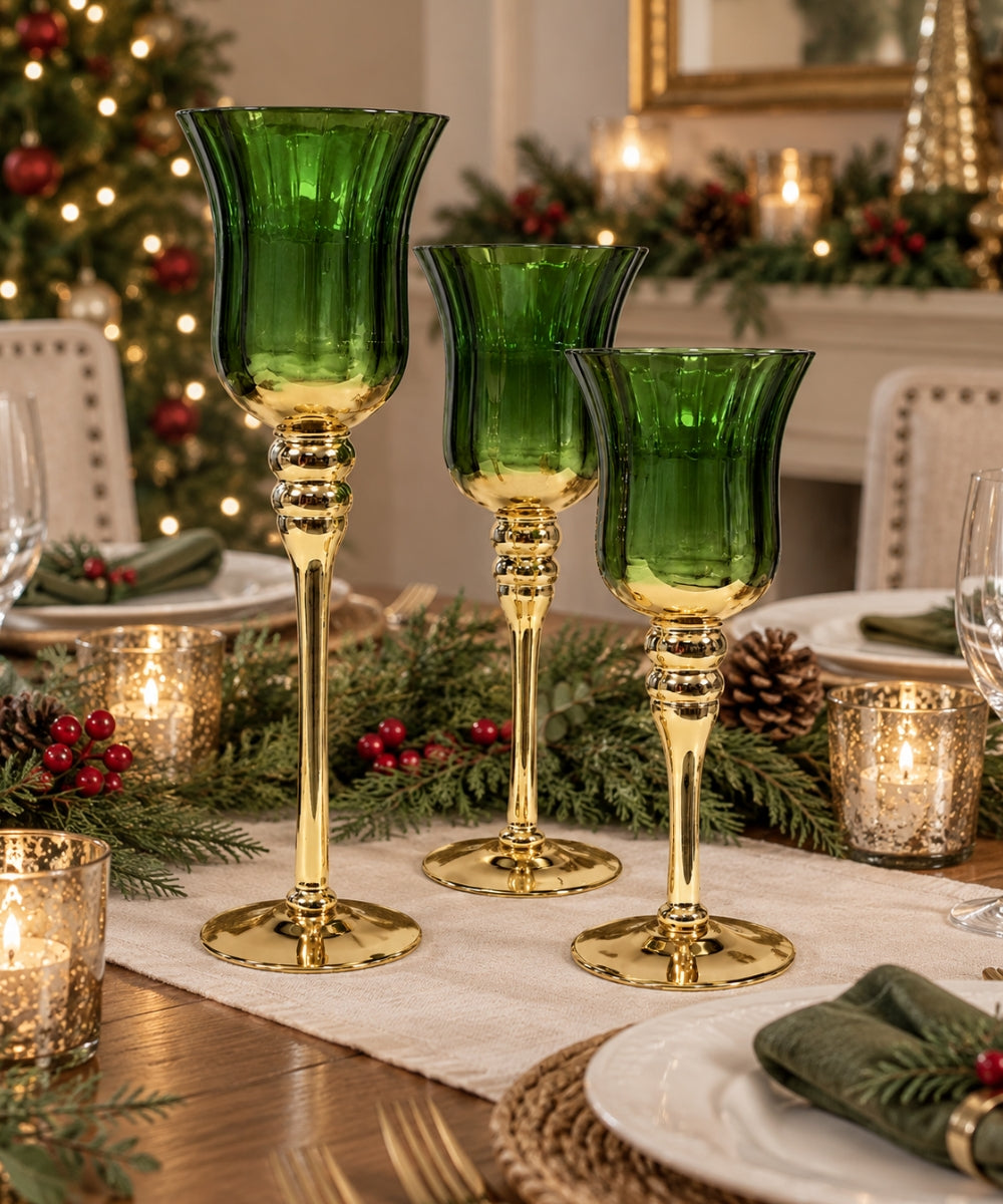 Set x3 Copas Decorativas Verdes y Doradas