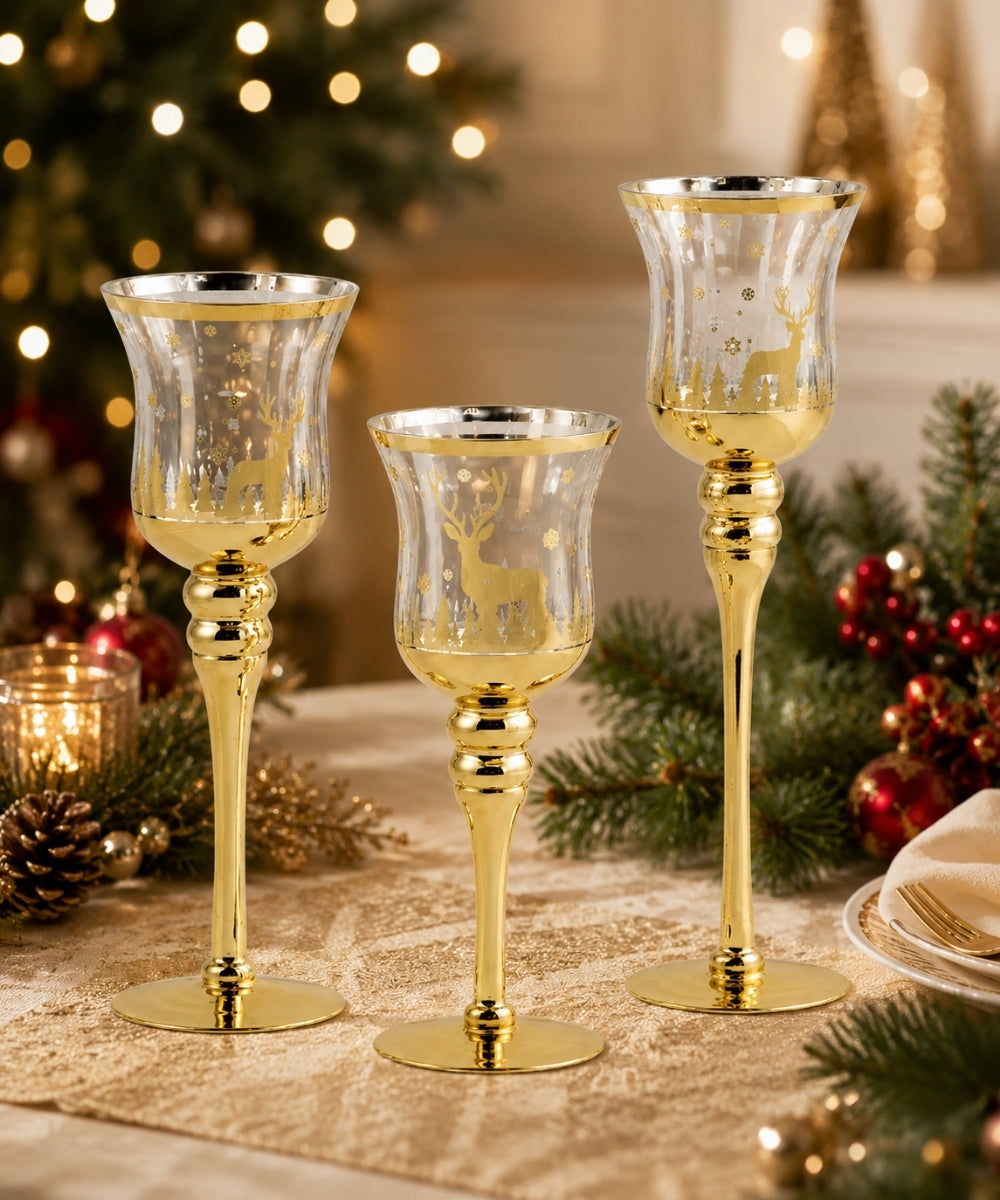 Set x3 Copas Navideñas Doradas con Reno decoracion