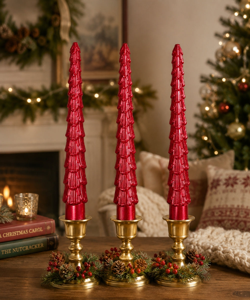 Set x3 Velas Navideñas Rojas Diseño Árbol
