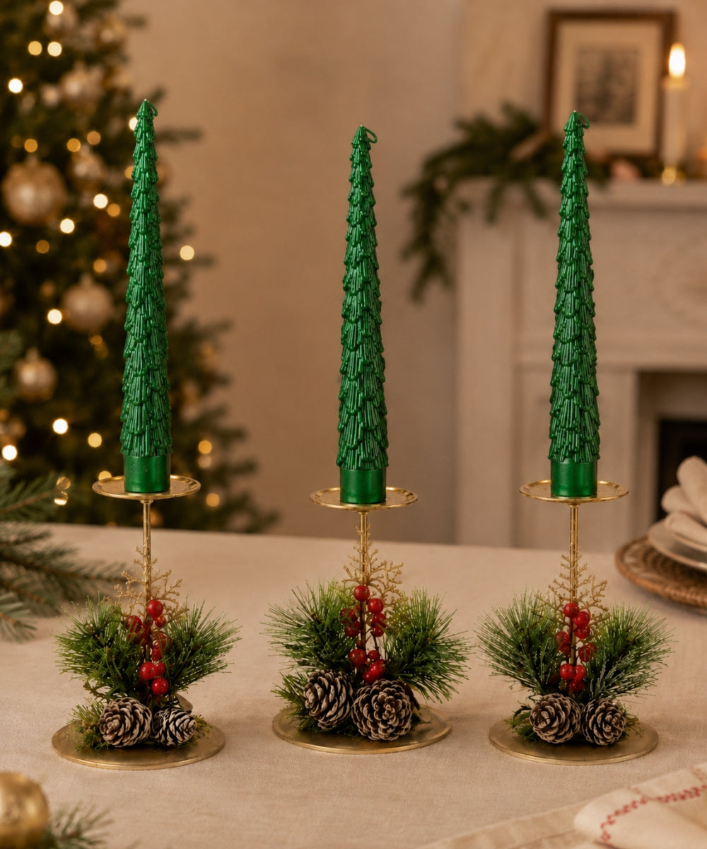 Set x3 Velas Navideñas Verdes Diseño Árbol