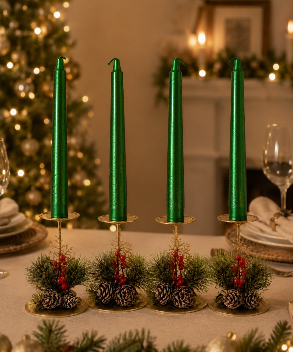 Set x4 Velas Navideñas Verdes Largas con Acabado Brillante