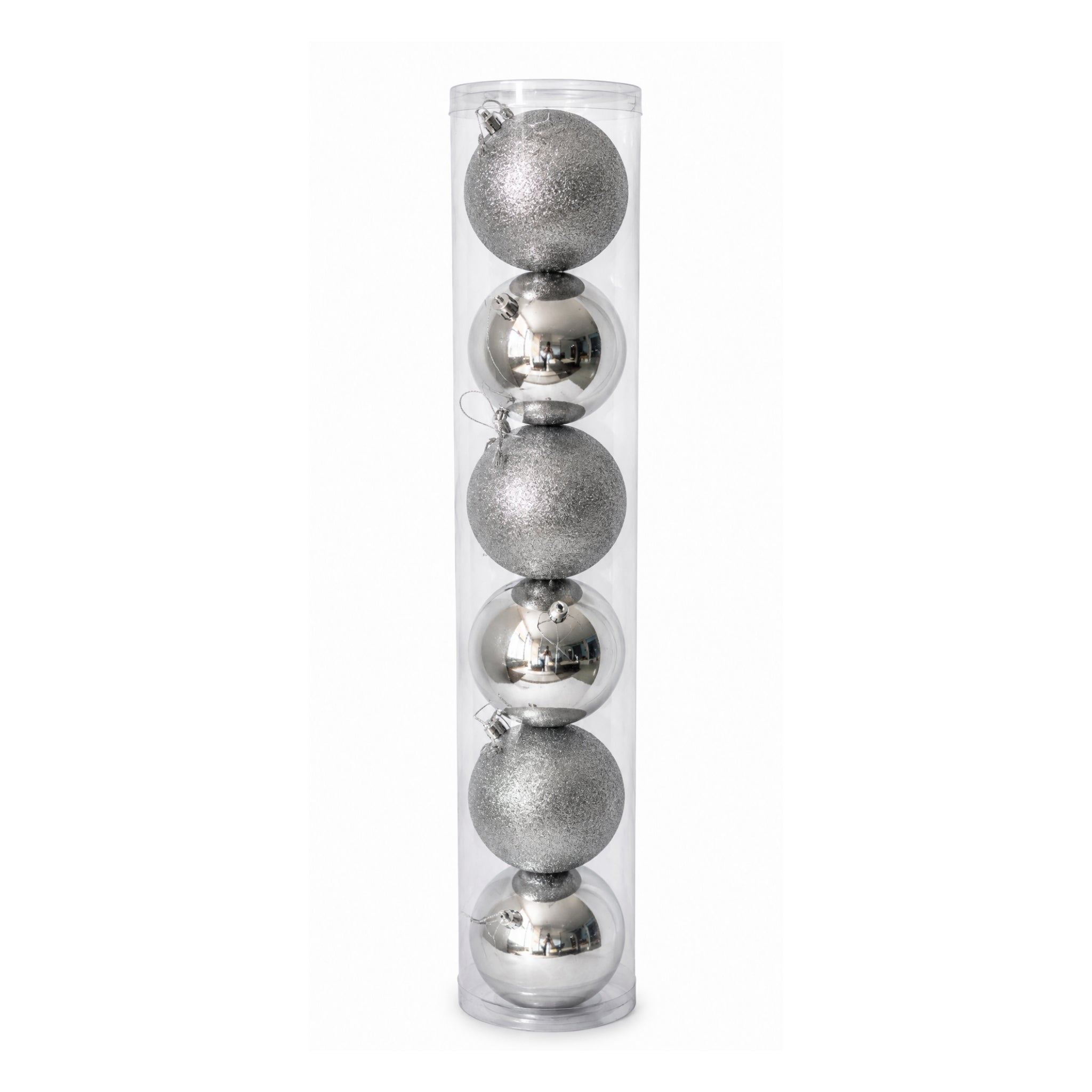 Set x6 Bolas Navideñas 10 cm Plateado Brillante y Escarchado Esferas para Árbol de Navidad