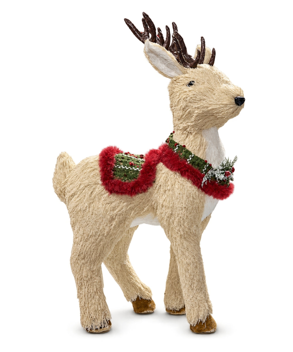 Reno Navideño Decorativo Beige con Detalles Rojos y Verdes 45 x 20 cm