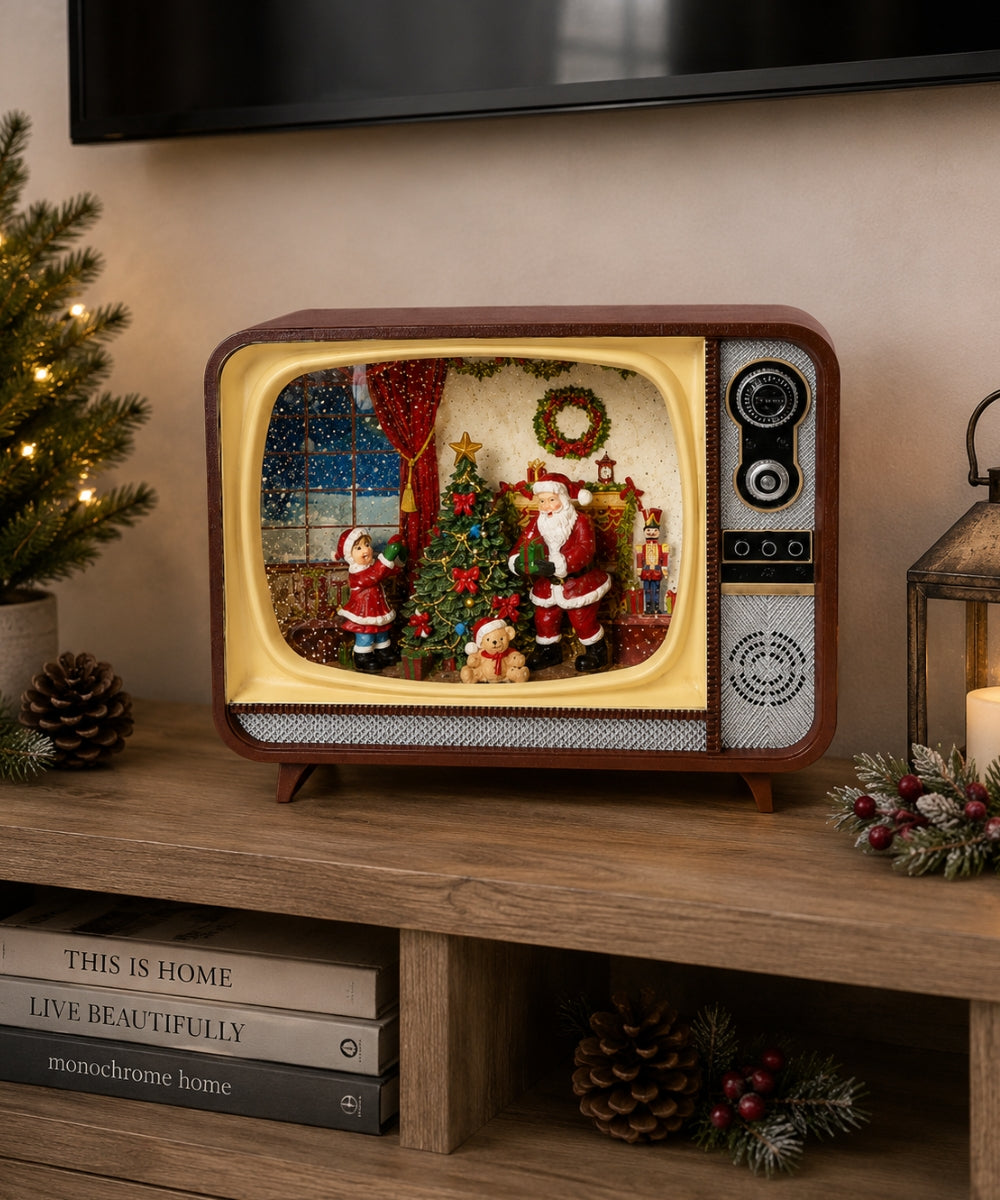 Televisor Navideño Decorativo Retro con Santa Claus y Escena Iluminada