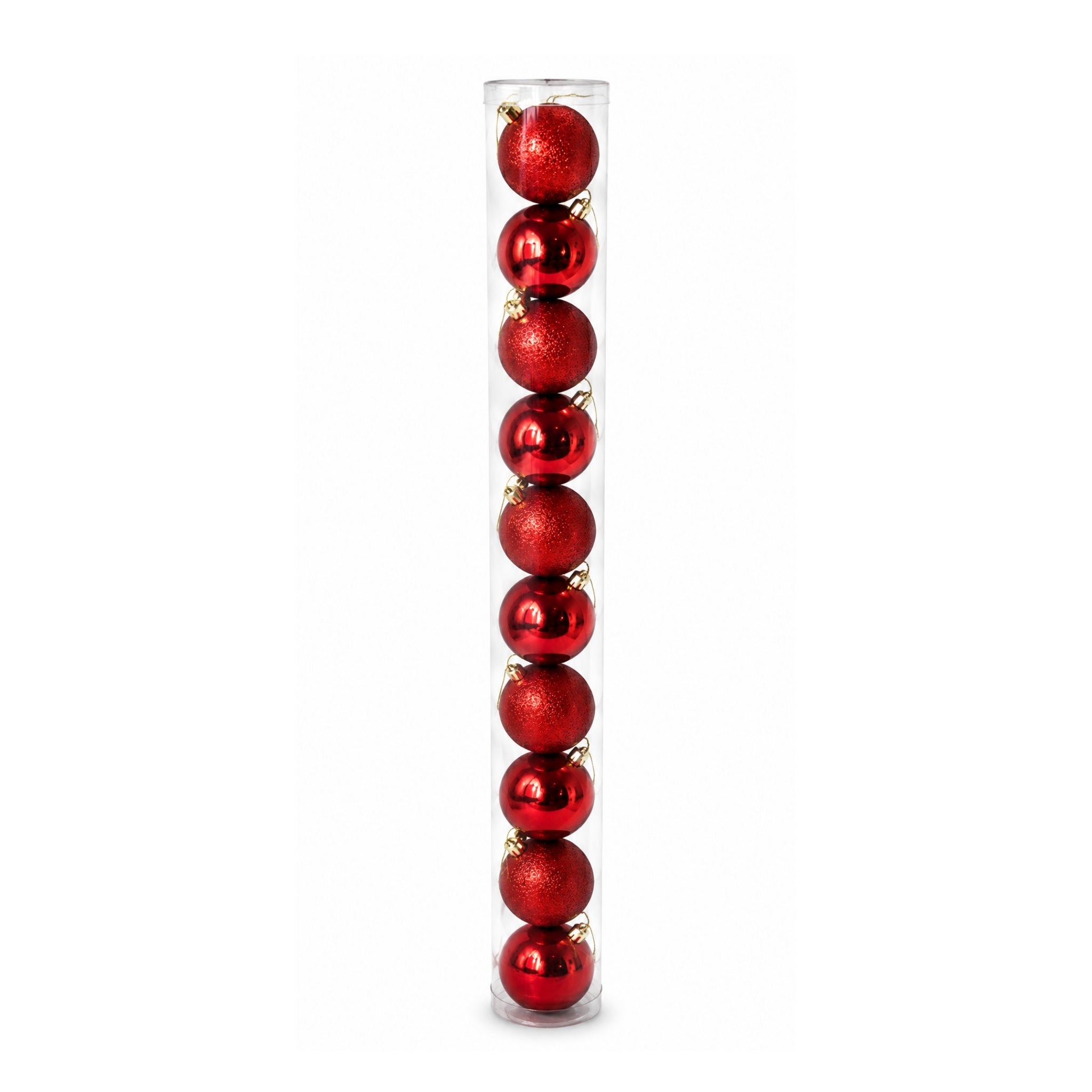 Tubo x10 Bolas Navideñas 7 cm Rojo Brillante y Escarcha Esferas para Árbol de Navidad