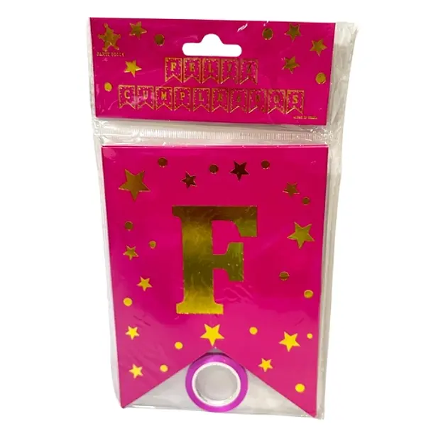 Banderin Feliz Cumpleaños Estampada Estrella Fucsia